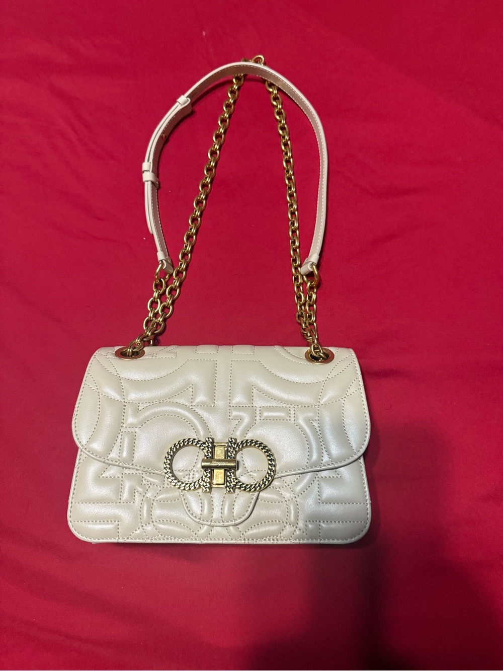 Salvatore Ferragamo Quilted Leather Shoulder Bag with Gold Chain nude